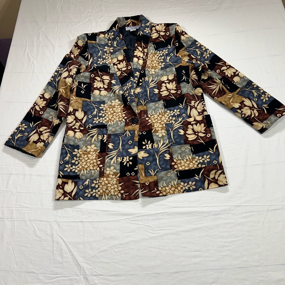 Vintage Kensington Square USA Womens MP Black Brown Floral Single Button Blazer - Picture 1 of 11